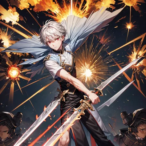 perfect anatomy, masterpiece:1.4, best highres, 16k, (battle style), (in the battlefield), (the background is Big Explosion:1.3), break,  
(both hands holding divine thin sword, gripping divine thin sword in both hands) (solo:1.3 silver short hair divine b...