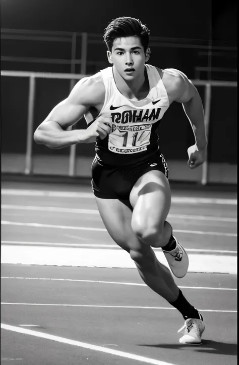 Handsome male track and field athlete　18-year-old　Baby Face　Track competitions　Winning goal　