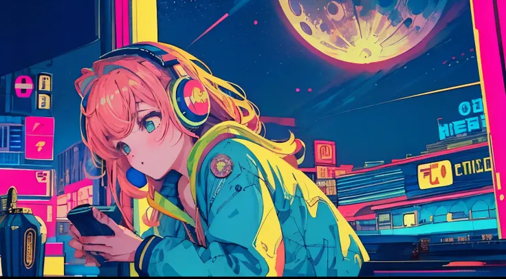 highest quality, 4k wallpaper, masterpiece, Very detailed CG ユニティ 8k 壁紙, Very fine grain, Very detailed, Intricate details, A girl in the center, Retro art style, neon_Pop Art Style, Outdoor,headphone，Angle from below，Night sky from window，full moon