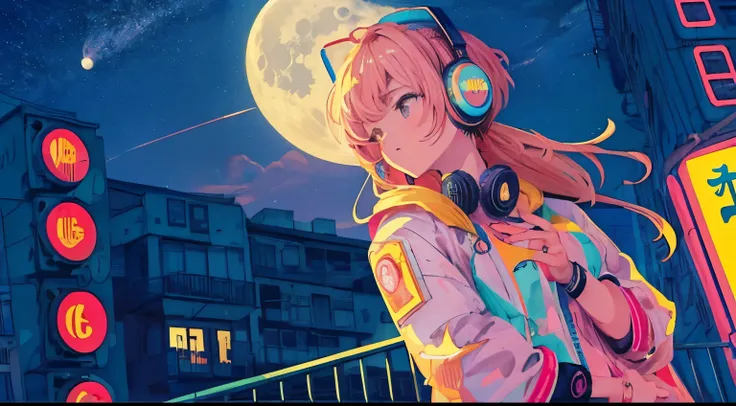 highest quality, 4k wallpaper, masterpiece, Very detailed CG ユニティ 8k 壁紙, Very fine grain, Very detailed, Intricate details, A girl in the center, Retro art style, neon_Pop Art Style, Outdoor,headphone，Angle from below，Night sky from window，full moon