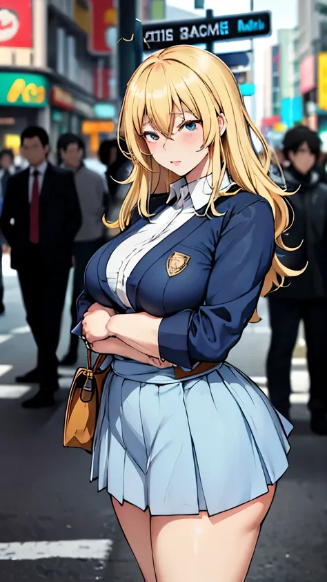 Takeshi Koike, Walter Crane, Surreal, mysterious, strange, fantastical, fantasy, Sci-fi, Japanese anime, Shibuya scramble crossing, giant egg, blonde miniskirt beautiful girl Alice, perfect voluminous body, detailed masterpiece Hyper realistic sharp focus ...