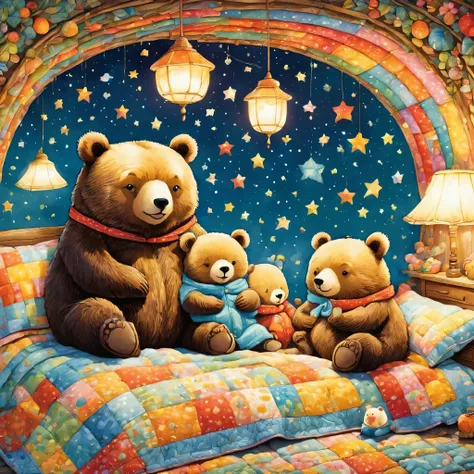 cutean illustrationクマの家,bear family:animal:hibernating:cute:nestle:sleep:comfortable and warm:looks happy,an illustration,pop,co...