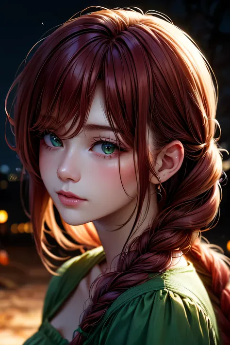 hd, (The finest details) (最high quality), Girls in their 20s,Redhead woman with long red braided hair and a green dress taking a photo, Mature and gorgeous, Natural light and shadow､ (Detailed face), (Beautiful fine details), Dynamic pose), masterpiece, 最h...