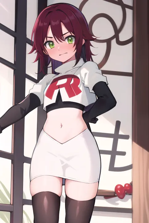 masterpiece, absurdres, shikanoin heizou, green eyes,male focus, trap, crossdressing,1boy,team rocket,team rocket uniform,white ...