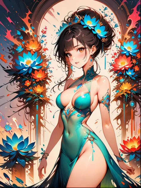 (masterpiece，best quality:1.2)，Digital Art Style，charming illustration，peace pictures，1 lovely girl，Tall lotus，Solitary，body glow，Glowing Line，Fluorescence，Luminous example，Tracking example，flash，萤Light Particles，Backlight，translucent，Light Particles，corre...