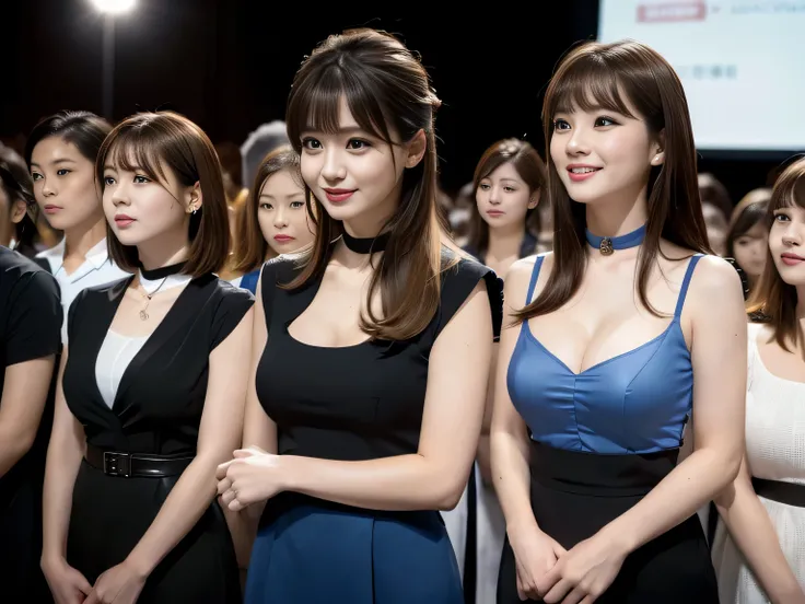 ((masterpiece, High resolution)), ((Thousands, crowd)), girl, group, clone, (( brown haired girl, blonde girl)), elegant, rich girl, Emotionless, Arms at sides, Straight spine, (((Casual wear))), Standing still, shoulder to shoulder, Same pose, The sisters...