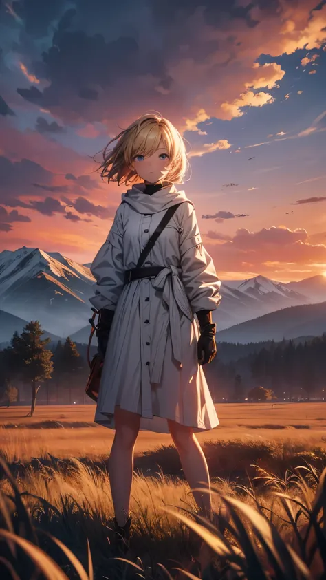 outside the red sky,A girl standing alone on a huge empty glass land,ruin,there is nobody in the huge grassland,A woman in her 20s with short blonde hair,(woman close up)