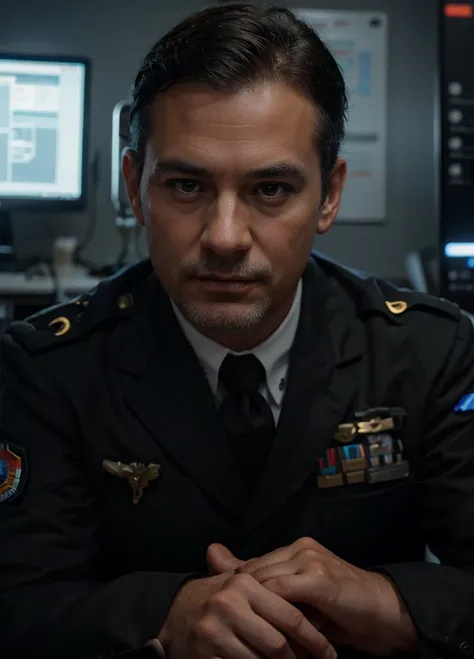 Military general is sitting, Face of a very masculine Dutch man, short black hair, dark blue generals military uniform, he has medals on his uniform, It is inside an ultra-modern server room, on the walls many blue computer screens, with maps , maps and sc...