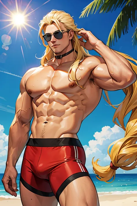 1 man, very muscular body, wearing sun glasses, very long hair, blond hair
