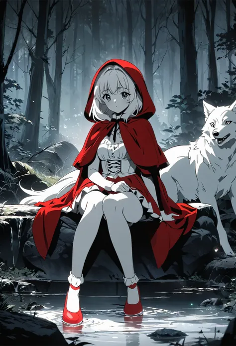 top quality, best quality, highres, unparalleled masterpiece, perfect artwork, paid reward available, anime girl in red riding hood sitting on rock in forest, an anime drawing by Shitao, pixiv, fantasy art, grayscale phtoto with red dress, red riding hood,...