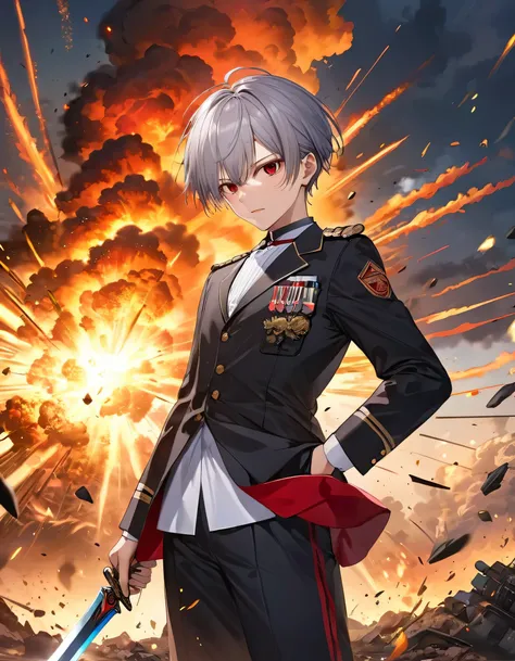 perfect anatomy, masterpiece:1.4, best highres, 16k, (battle style), (in the battlefield), (the background is Big Explosion:1.4), BREAK,  
(both hands holding divine thin sword, gripping divine thin sword in both hands) (solo:1.3 silver short hair divine b...