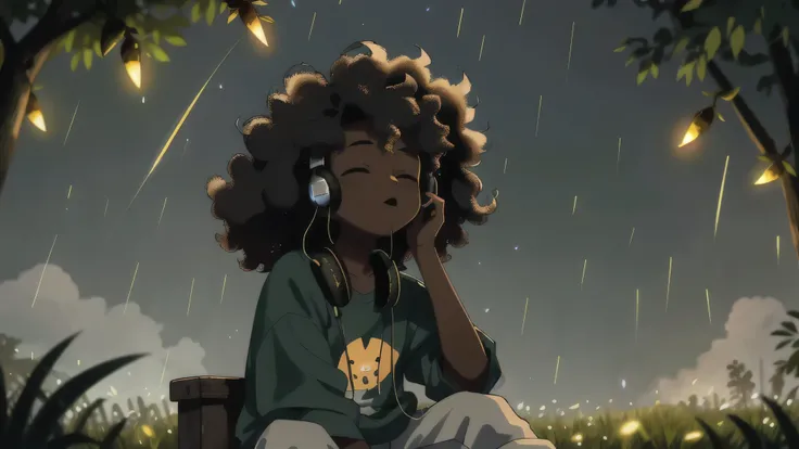 masterpiece, best quality, 1boy, outdoor, sitting, field, face, sleeping with mouth open, rain, fireflies, night, happy, dark skin, relaxing, with headphones on, long curly afro, with hair pick in hair, comb in hair