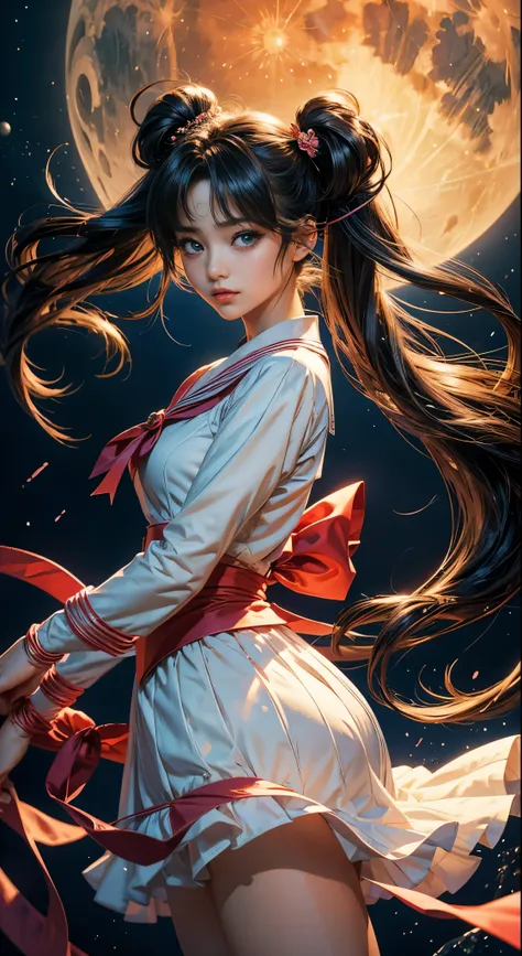 masterpiece、highest quality、Ultra-high resolution、Beautifully detailed hair reminiscent of Sailor Moon&#39;s iconic twin tails、Perfection personified、anime、Japan、Attractive and ever-popular characters、Elegant sailor suit、Red ribbon、Moon Symbol、Soft look、En...