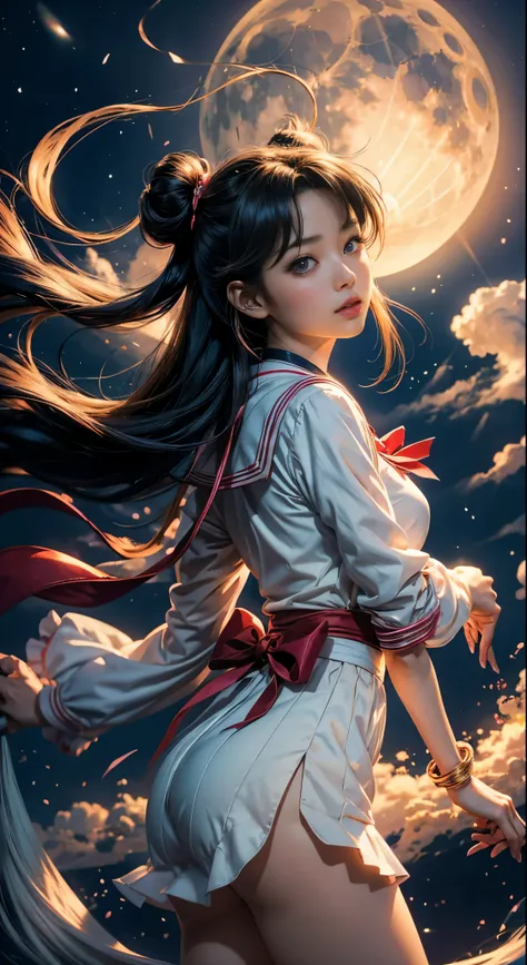 masterpiece、highest quality、Ultra-high resolution、Beautifully detailed hair reminiscent of Sailor Moon&#39;s iconic twin tails、Perfection personified、anime、Japan、Attractive and ever-popular characters、Elegant sailor suit、Red ribbon、Moon Symbol、Soft look、En...