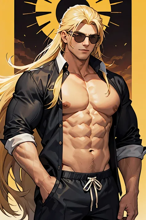 1 man with a kid, very muscular body, wearing sun glasses, very long hair, blond hair
