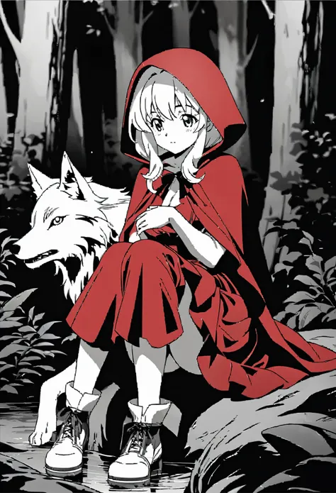 top quality, best quality, highres, unparalleled masterpiece, perfect artwork, paid reward available, anime girl in red riding hood sitting on rock in forest, an anime drawing by Shitao, pixiv, fantasy art, grayscale phtoto with red dress, red riding hood,...