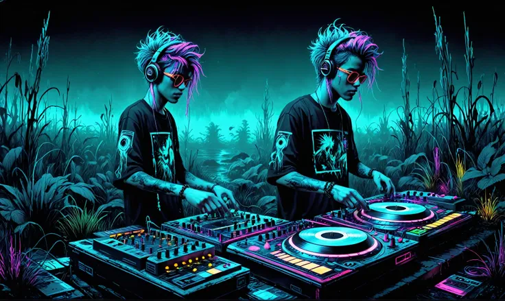 beautifully detailed digital illustration of a cyberpunk dj mixing synthetic beats in a dark swamp with will-o&#39;-the-wisps le...