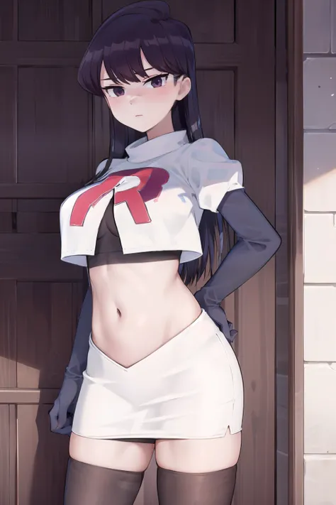 masterpiece, best quality, 1girl, solo, komi-san wa komyushou desu, looking at viewer, team rocket,team rocket uniform,white skirt,red letter R,crop top,black thigh-highs, cowboy shot