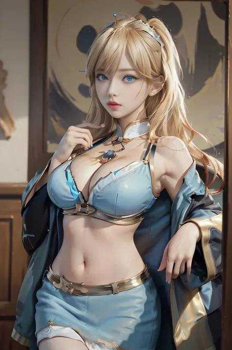 (Masterpiece, Best Quality, Big Breasts, Realism, Real, Photo: 1.4), Ji Xiaoman, Blonde, (Ulzzang-6500-V1.1:0.7), Very cute face, blue eyes, upper body, Big breasts, Real, photo