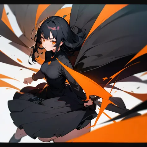 Anime, women, thick, black dress, black hair, orange eyes, big 