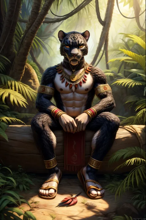 (((Barefoot furry character, full body, cinematic setting, furry male, plantigrade))) Curare depicted as stealthy and agile panther anthro with sleek black fur and piercing amber eyes. Clad in tribal-inspired attire with dart motifs symbolizing curares tra...