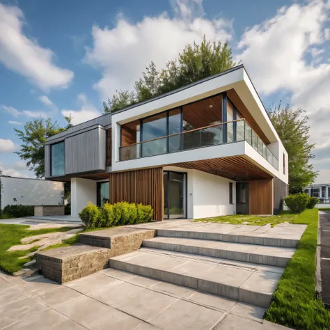 Masterpiece, high quality, best quality, authentic, super detail, outdoors, house style modern,bietthuhn, white wall, glass windows, gate road,pavement, grass, trees,blue sky, cloud, (day:1.1), realistic lighting