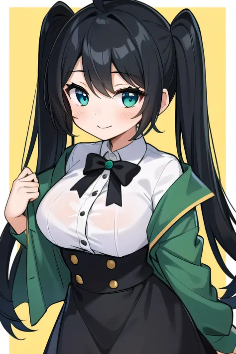 Junior high school student who looks like an elementary school student, 14 years old, very short, 140 cm tall, black hair with a slight green tinge, short ahoge, beautiful long hair but with a little hair sticking out, beautiful round eyes, blue eyes, smil...