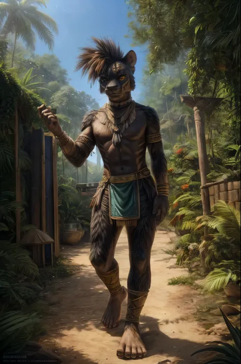 (((Barefoot furry character, full body, cinematic setting, furry male, plantigrade))) 

stealthy and agile panther anthro with sleek black fur and piercing amber eyes. Clad in tribal-inspired attire with dart motifs symbolizing curares traditional use in b...