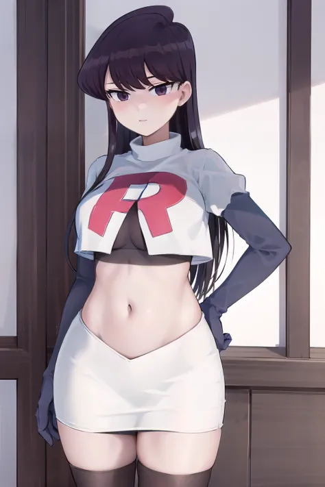 masterpiece, best quality, 1girl, solo, komi-san wa komyushou desu, looking at viewer, team rocket,team rocket uniform,white skirt,red letter R,crop top,black thigh-highs, cowboy shot