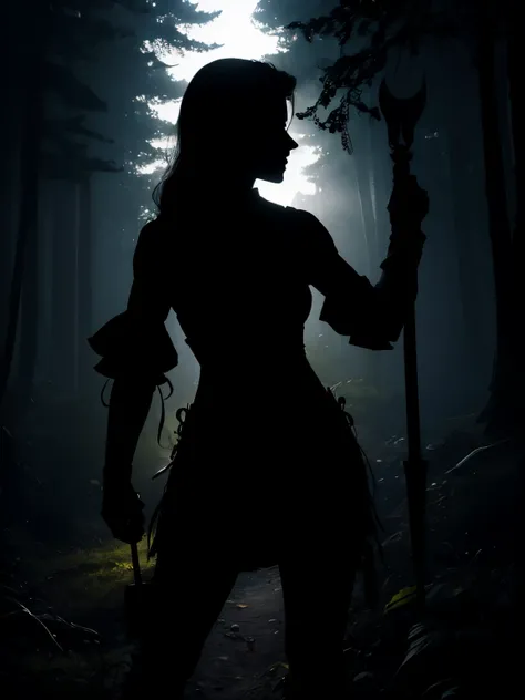 shadow silhouette of a murderous lumberjack woman with a dagger in her hands in a forest in the middle of the night, silhouette without lighting, shadow silhouette in darkness, silhueta de jazz, sombra em uma floresta. sombra sem corpo, sem rosto, sombra s...