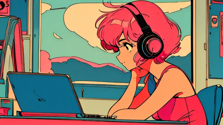 city pop style art, shoulder length pink Hair, fluffy bob cut, wearing headphones, Futuristic yet lofi, retro, vintage, Ghost,master piece, (( side shot)), 
sitting at the desk and concentrating on studying, Laptop and coffee on the desk