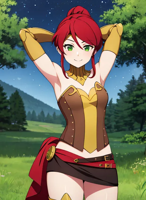 ((best quality)), ((highly detailed)), absurdres, (detailed eyes, deep eyes), (1girl), pyrrha nikos, rwby, red hair, ponytail, green eyes, medium breasts, smiling, circlet, bustier, bare shoulders, skirt, elbow gloves, bracers, solo, (cowboy shot:1.5), nig...