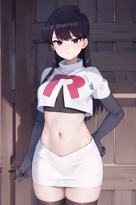 masterpiece, best quality, 1girl, solo, komi-san wa komyushou desu, looking at viewer, team rocket,team rocket uniform,white skirt,red letter R,crop top,black thigh-highs, cowboy shot