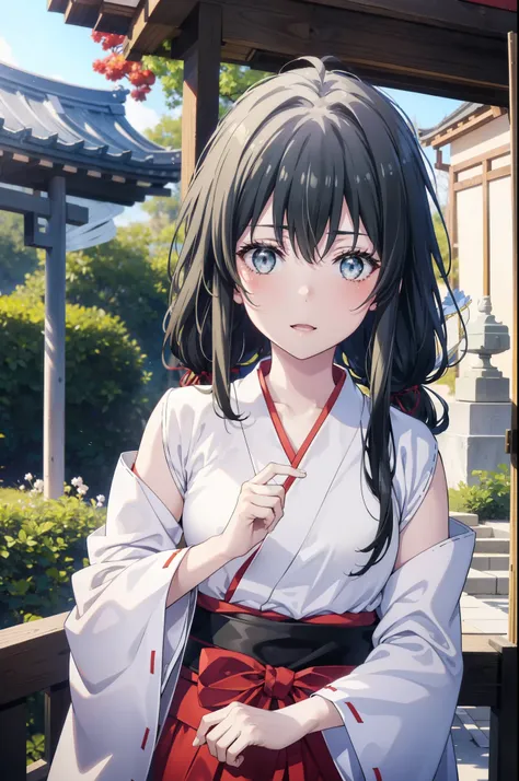 yukinoyukinoshita, Yukino yukinoshita, Black Hair, blue eyes, Long Hair,blush,smile,Open your mouth, Ahoge,Platycodon grandiflorum,Miko, White Kimono, red hakama,kimono, Thick sleeves, Long sleeve, Ribbon-trimmed sleeves, 
とてもLong Hair, Blunt bangs, Low po...