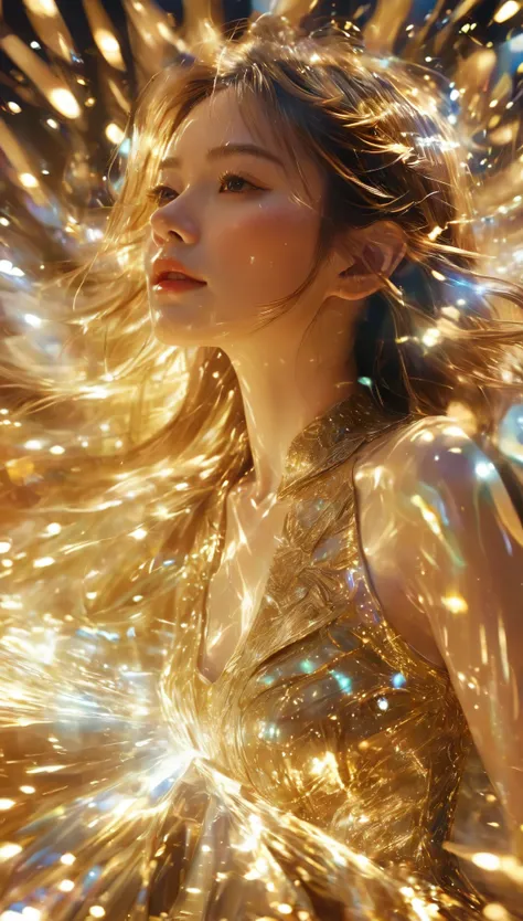 1girl，beautiful，blingbling，motion blurred，triangle，movie-level lighting effects，close up，detailed face，golden