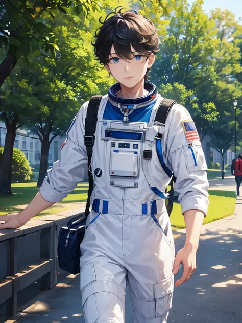 1 adult male, 25 years old,,guy,walking,blue eyes,half body photo,,Curly hair,medium hair,undercut hairstyle,astronaut uniform,morning,In the park,ultra detail,masterpiece