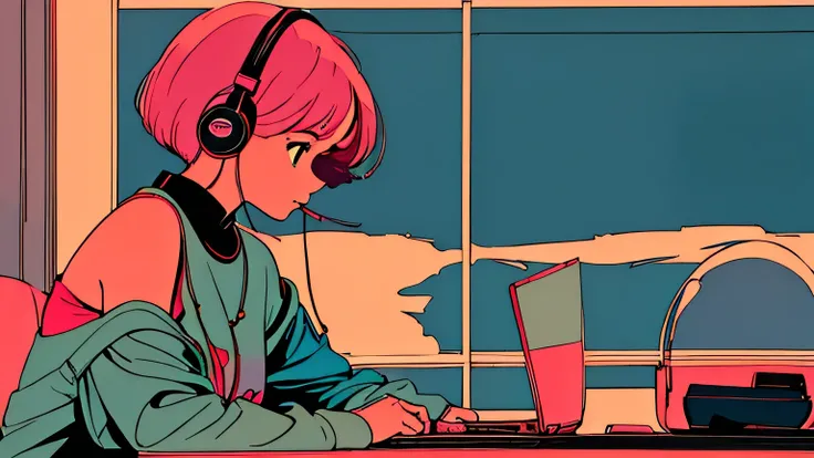 city pop style art, shoulder length pink Hair, fluffy bob cut, wearing headphones, Futuristic yet lofi, retro, vintage, Ghost,master piece, (( side shot)), sitting at the desk and concentrating on studying, Laptop and coffee on the desk, (( midnight )), ((...