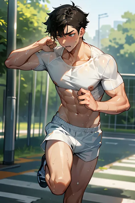 shirtless handsome manly short black hair caucasian male in white shorts, running shoes, sweat-drenched, soaking wet, drenched with sweat, sweating profusely, soaking wet with sweat, running in the park