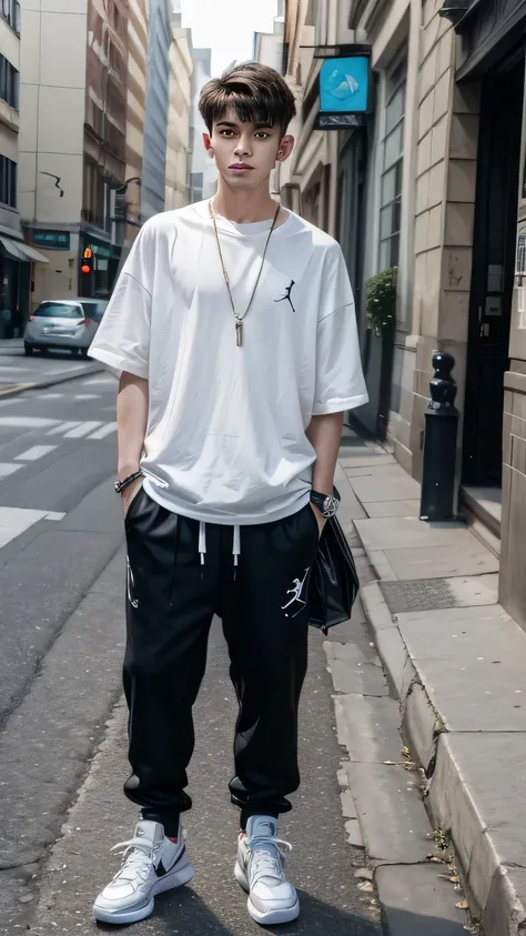 Image of a very handsome young man on the street wearing Jordan Retro 4 sneakers, baggy pants, baggy blouse, very detailed outfit, realistic photography