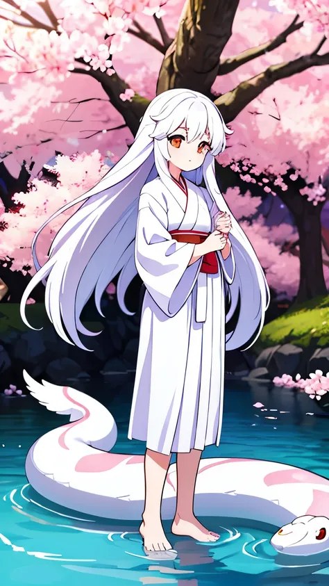 Age unknown,Unknown gender,White super long hair,Golden Eyes,white kimono,White Hakama,God,Standing on the water,cherry blossoms,Barefoot,A white snake wrapped around his arm,Wings growing on his back