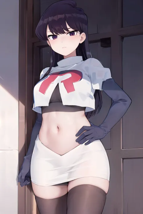 masterpiece, best quality, 1girl, solo, komi-san wa komyushou desu, looking at viewer, team rocket,team rocket uniform,white skirt,red letter R,crop top,black thigh-highs, cowboy shot
