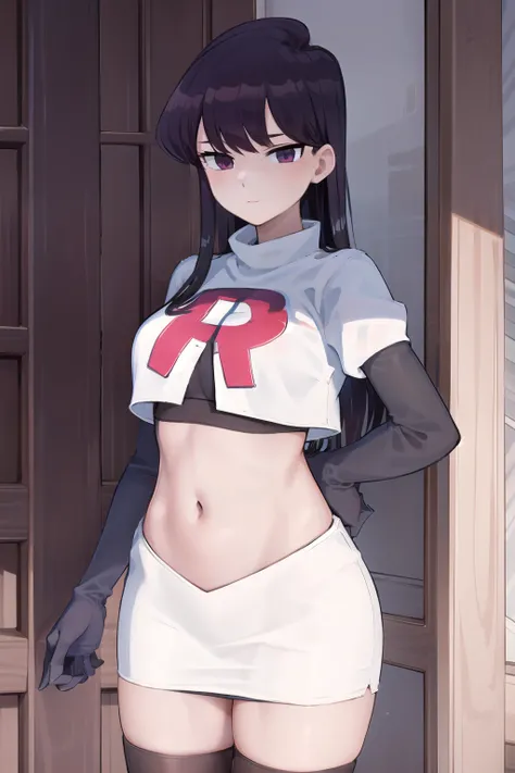 masterpiece, best quality, 1girl, solo, komi-san wa komyushou desu, looking at viewer, team rocket,team rocket uniform,white skirt,red letter R,crop top,black thigh-highs, cowboy shot