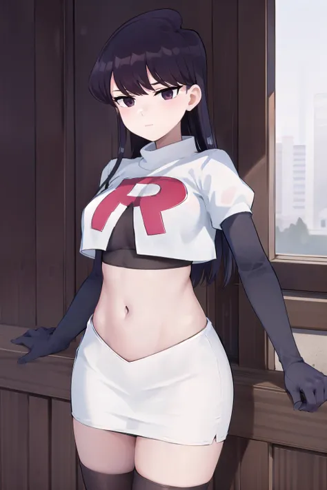 masterpiece, best quality, 1girl, solo, komi-san wa komyushou desu, looking at viewer, team rocket,team rocket uniform,white skirt,red letter R,crop top,black thigh-highs, cowboy shot