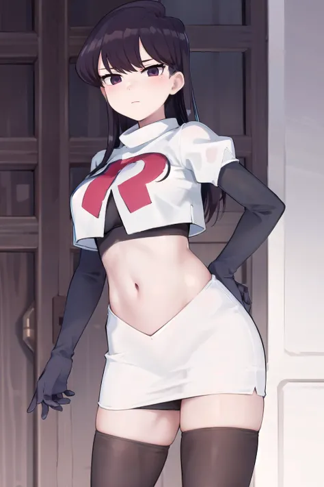 masterpiece, best quality, 1girl, solo, komi-san wa komyushou desu, looking at viewer, team rocket,team rocket uniform,white skirt,red letter R,crop top,black thigh-highs, cowboy shot