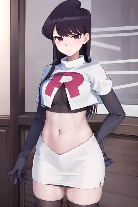 masterpiece, best quality, 1girl, solo, komi-san wa komyushou desu, looking at viewer, team rocket,team rocket uniform,white ski...