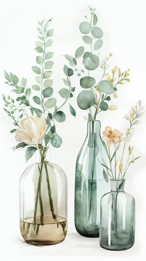 there are three vases with flowers in them on a table, vases and bottles, plants in a glass vase, plants in glass vase, colorful bottles and plants, botanic watercolors, in a short round glass vase, with flowers and plants, pale greens and whites, plants i...