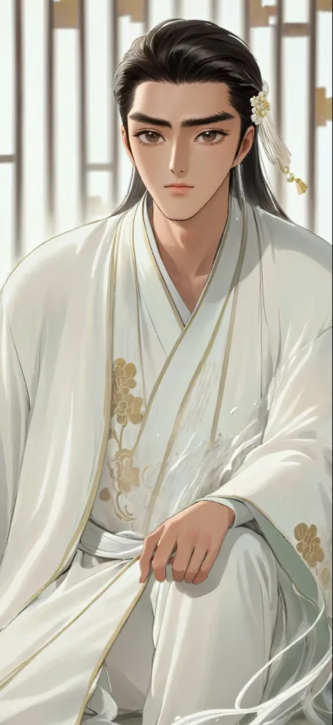 Close-up of person in white robe sitting, white robe, flowing white robe, White Hanfu, wearing white robe, inspired by Wu Daozi, Inspired by Han Gan, wearing white robe, Wearing a flowing robe, Wearing flowing robes, wearing white robes, Inspired by Zhang ...