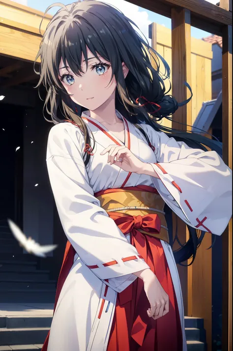 yukinoyukinoshita, Yukino yukinoshita, Black Hair, blue eyes, Long Hair,blush,smile,Open your mouth, Ahoge,Platycodon grandiflorum,Miko, White Kimono, red hakama,kimono, Thick sleeves, Long sleeve, Ribbon-trimmed sleeves, 
とてもLong Hair, Blunt bangs, Low po...