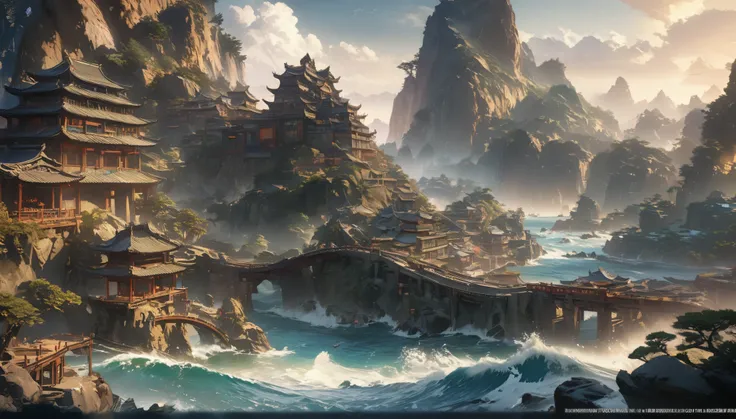 A landscape of blue hued ocean waves，Landscape background, Chinese style, Highly detailed numbers, Very detailed figures, Detailed 4k, Detailed digital concept art, Highly detailed numbers艺术作品