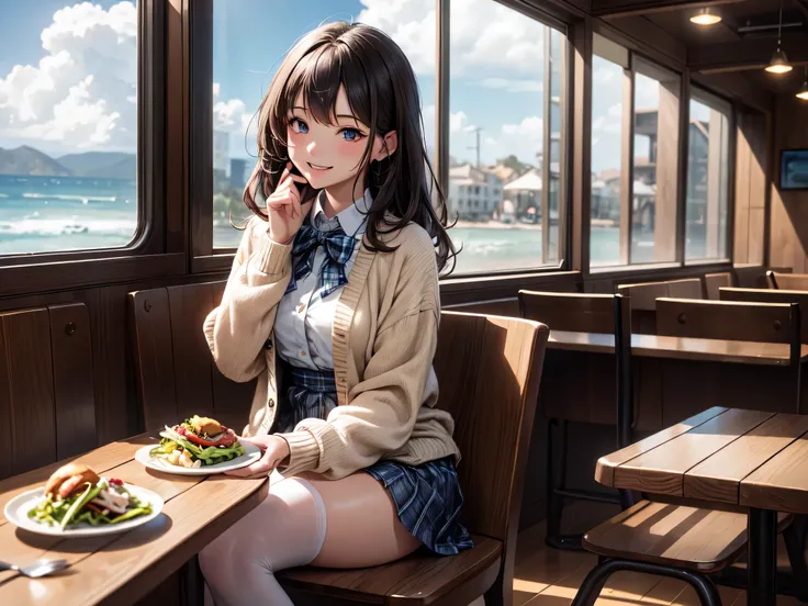 very cute and beautiful girl sitting on chair of cafe,(highly detailed beautiful face and eyes),
white blouse,laugh,happy,(beige cardigan:1.2) BREAK zettai ryouiki,black hair,
(blue plaid mini skirt:1.2),(cups of tea),(sandwiches on plate),(salad in bowl),...